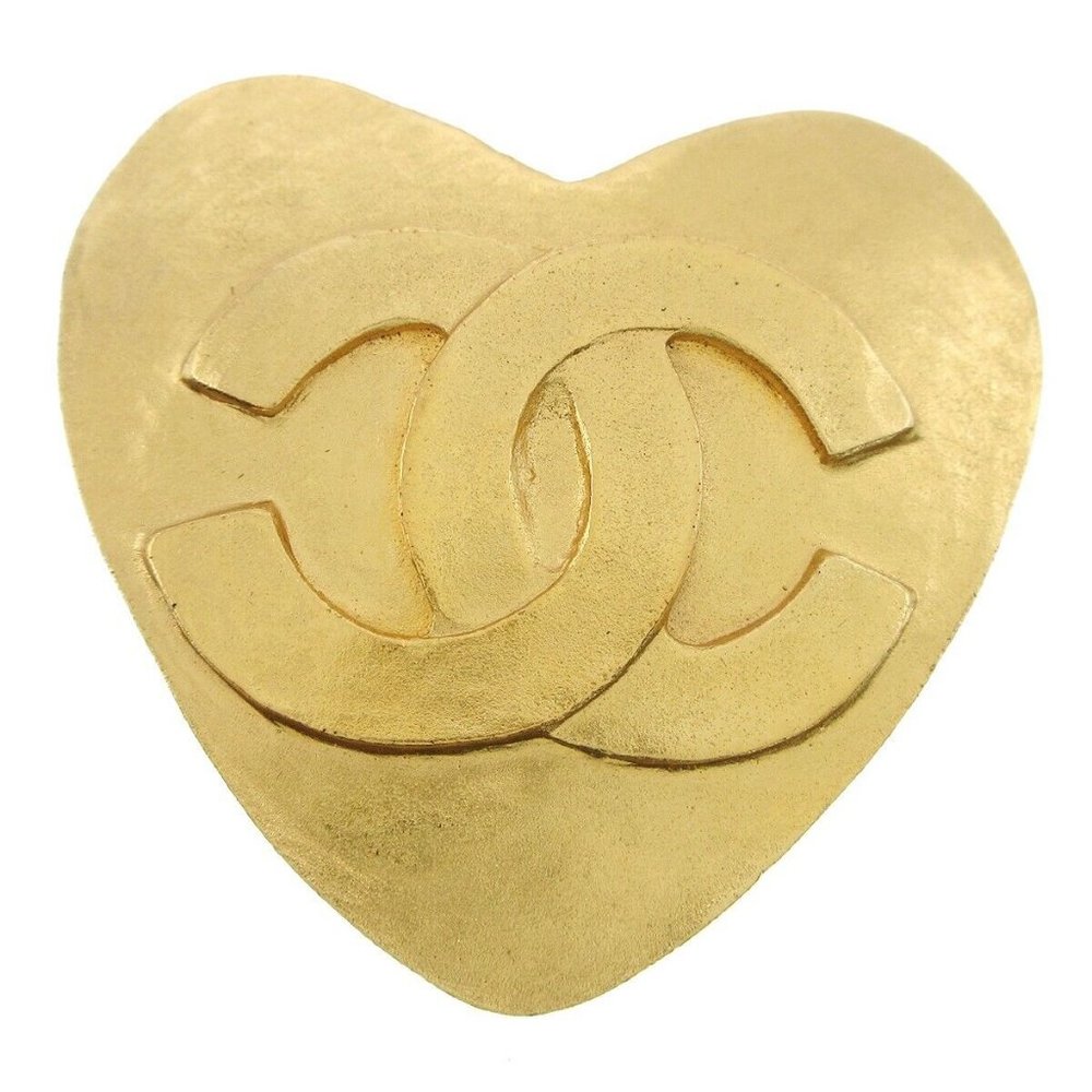 Auth Chanel Heart Brooch Gold